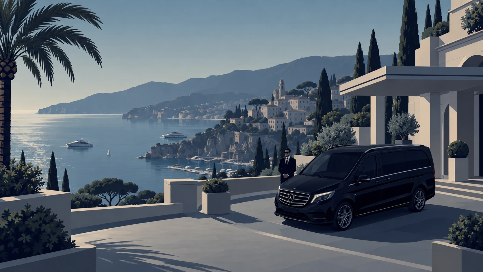 Chauffeur with Mercedes V-Class overlooking the Mediterranean during Monaco Yacht Show week